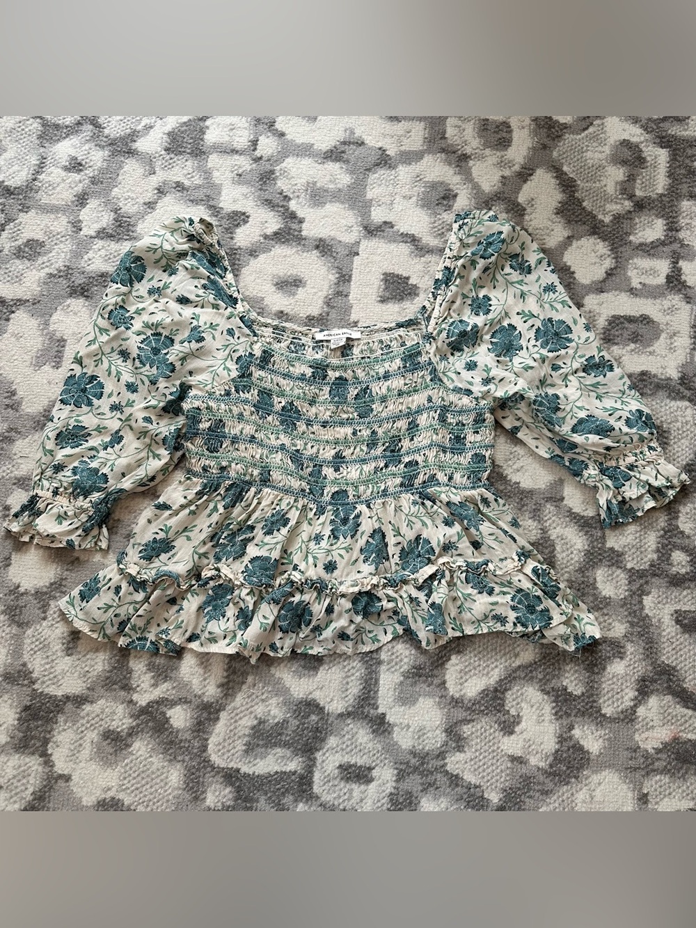American Eagle Small Smocked Ruffle Blouse Half Sleeve Floral Dainty Cottage Top